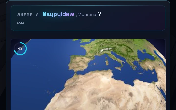 Arena mid-game Globe Drop round with a Where is Naypyidaw geography question and a 3D Earth globe with a countdown timer